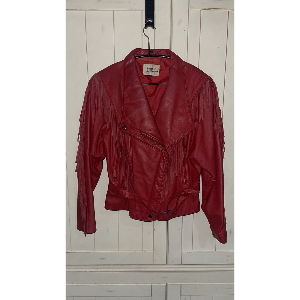 Vintage 80's Red Leather Warehouse Fringe Biker Jacket Size 10